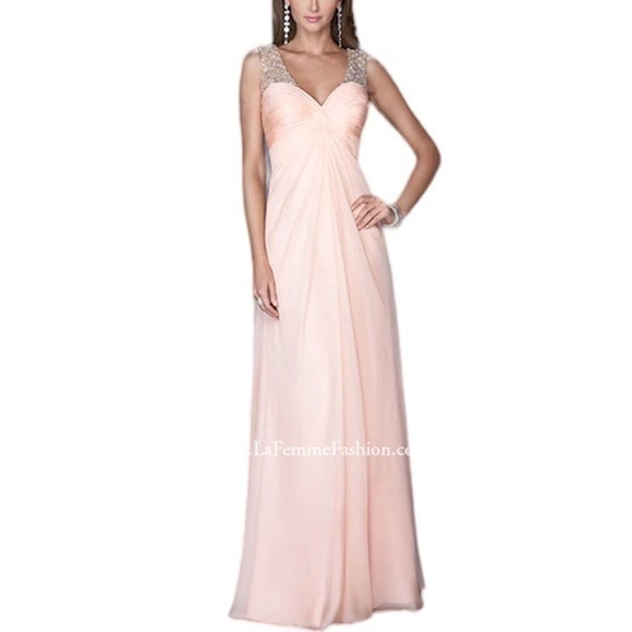 La Femme Apricot Open Back Chiffon Gown